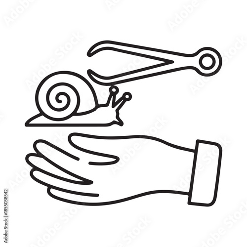 A snail seemingly carrying a pair of pliers on its back above a hand