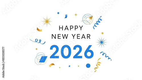 Happy new year 2026 celebration design with confetti and decorations on white background