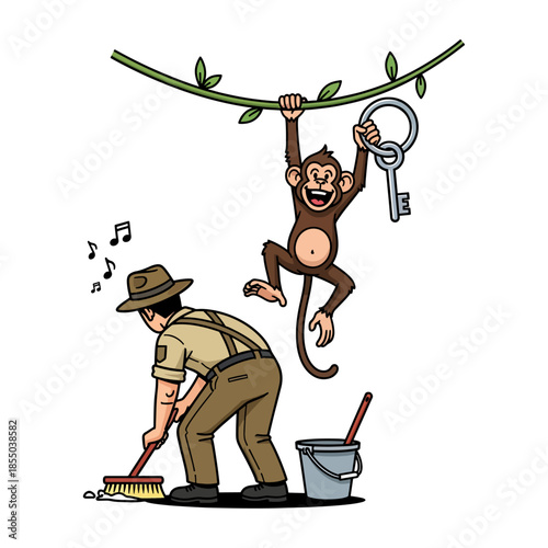 Funny Monkey Hanging from Vine Stealing Keys from Oblivious Zookeeper