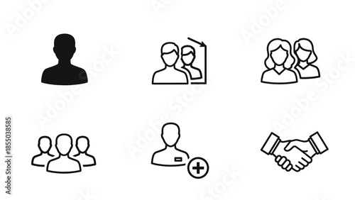 Collection of simple line icons representing people and business interactions on a white background.