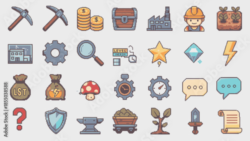 Collection of pixel art game icons representing various in-game elements and resources.