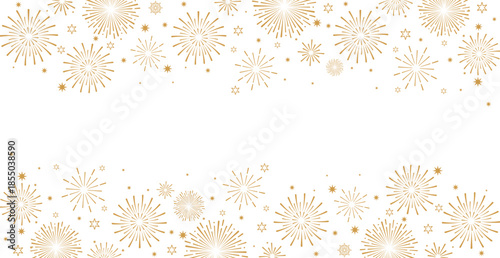 Elegant gold fireworks burst and sparkling stars on clean white background, festive celebration illustration for New Year, holiday party, greeting card, luxury event design, minimalist style vector.