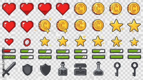 Pixel art game assets with hearts, coins, stars, bars, swords, shields, potions, and keys.
