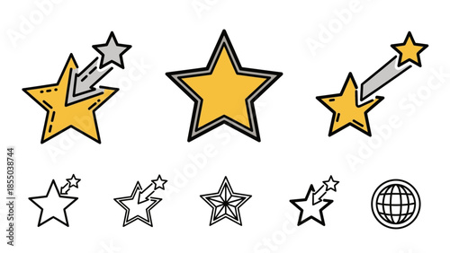 Set of star icons with shooting star and globe isolated on white.