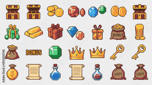 Collection of pixel art game assets with treasure chests, coins, gems, and bonus items.