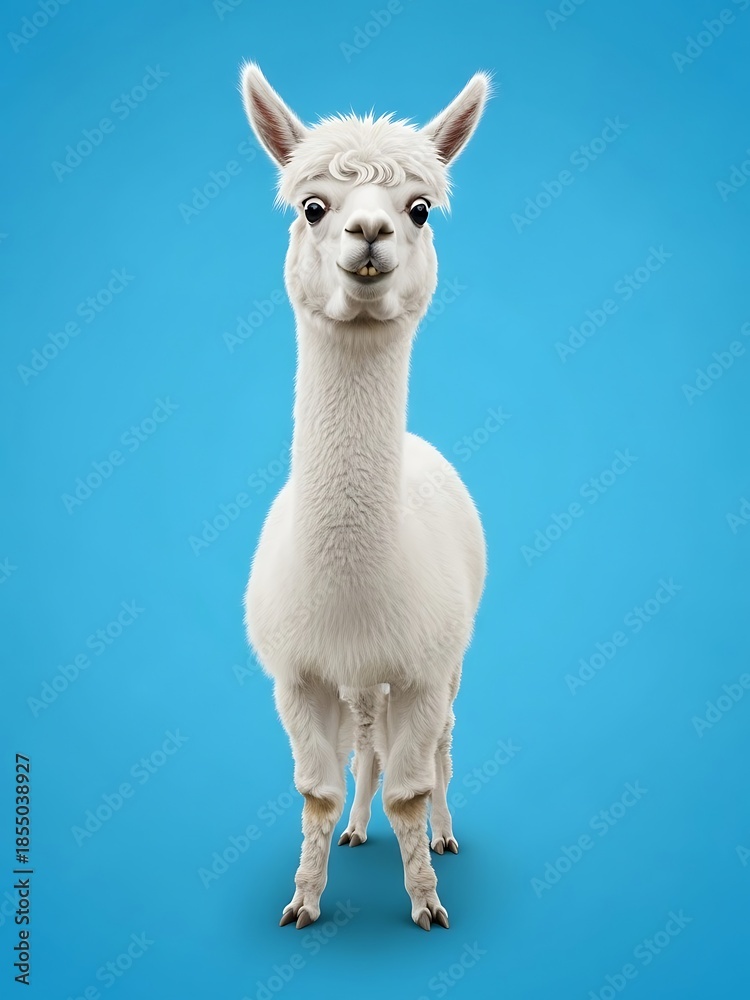 Obraz premium Funny white alpaca on blue background