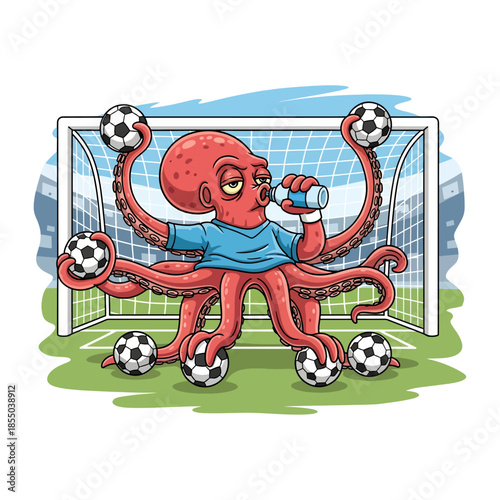 Funny Bored Octopus Goalkeeper Catching Multiple Soccer Balls While Drinking Water