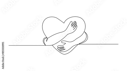 A single line drawing of a heart hugging itself with its own arms.