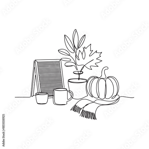 A cozy autumn still life featuring pumpkins leaves and warm beverages