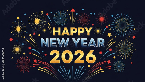 Happy new year 2026 celebration with colorful fireworks and stars on dark background