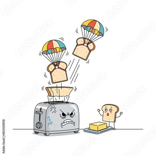 Funny Angry Toaster Launching Parachuting Bread Slices