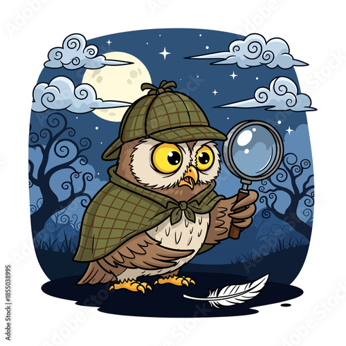 Cute Detective Owl Investigating Clue with Magnifying Glass at Night