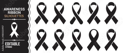 Minimal awareness ribbon silhouette icon set for charity and advocacy projects