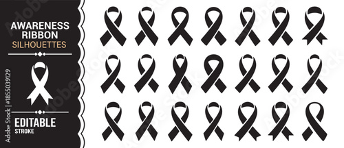 Editable awareness ribbon silhouette collection symbolizing support and solidarity