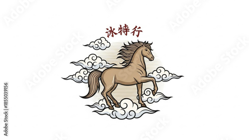 A majestic brown horse with flowing mane and tail stands on clouds with asian inspired design and red chinese characters on a white background