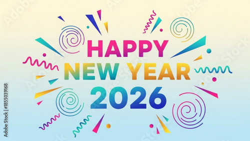 Happy new year 2026 colorful celebration background with swirls and confetti