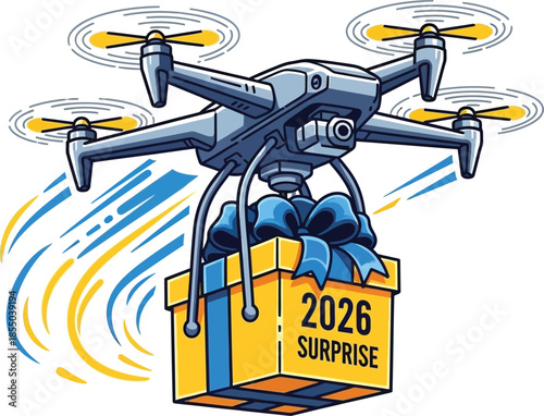 Drone carrying gift box 2026 surprise isolated on transparent background