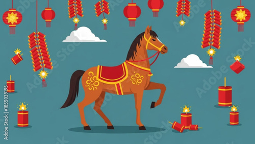 Brown horse with red and gold saddle and harness surrounded by chinese new year decorations and firecrackers on blue background