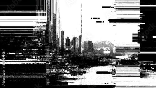 Glitchy cityscape with skyscrapers and water  distorted urban landscape