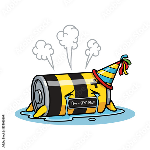 Funny Crying Dead Battery Wearing Party Hat with 0% Send Help Sign