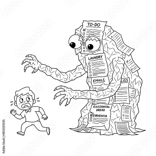 Funny Scared Man Running from Giant To-Do List Paper Monster