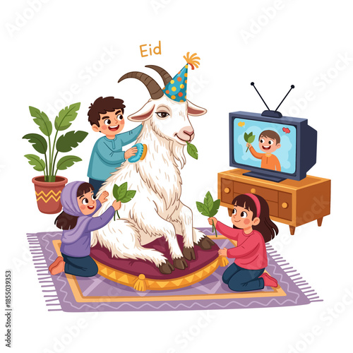 Happy Children Grooming and Feeding Cute Eid Goat on Royal Cushion