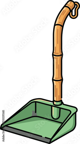 Green dustpan with bamboo handle isolated on transparent background