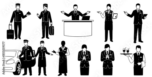 Set of stylized icons depicting hotel and hospitality staff performing various duties