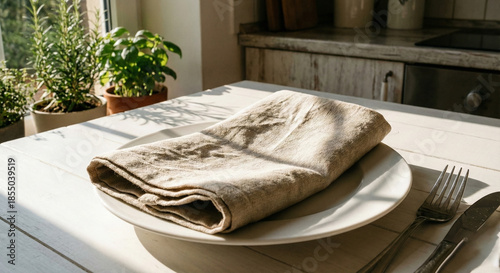 Folded beige linen napkin with kitchen window shadow