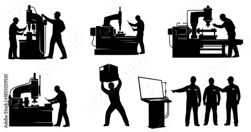 Silhouetted Figures Operating Machinery in Industrial Manufacturing Setting