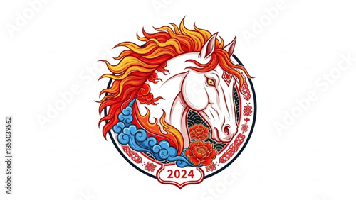White horse head with fiery mane and flowers in circular frame with 2024 emblem