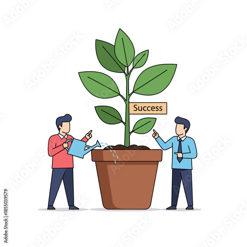Minimalist 2D flat vector illustration showing two geometric characters collaboratively watering a symbolic 'Success' plant, representing joint investment and nurturing corporate growth.
