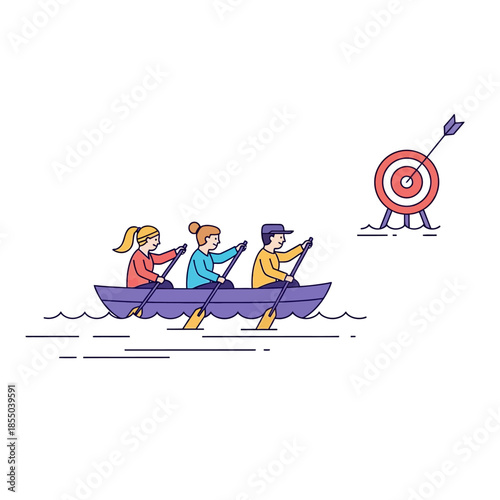 Minimalist 2D flat vector illustration showing three characters paddling a rowboat together, symbolizing team effort, unity, and shared business direction.