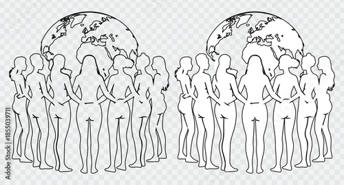 silhouettes of diverse women holding hands around globe representing unity and international sisterhood connection and global support