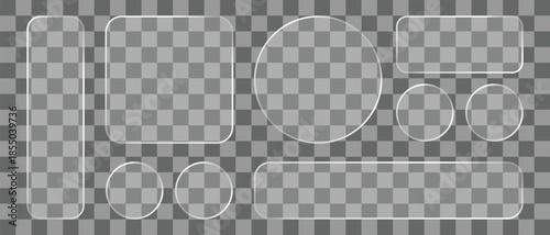 Liquid glass button interface, light frame banner set, glass panel for mobile and web app, realistic tech board frame in futuristic style. HUD element interface with glow effect, vector illustration.