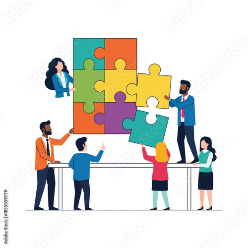 Diverse business team members successfully complete a complex geometric jigsaw puzzle representing teamwork and corporate achievement in a vibrant 2D flat vector illustration.