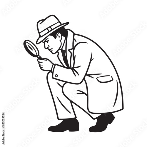A detective intently examining something with a magnifying glass black and white