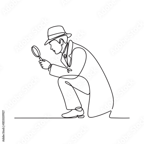 A detective examines with a magnifying glass in a continuous line drawing
