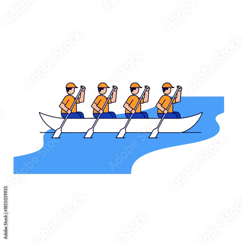 A team of four synchronized geometric characters is paddling a single large boat across a simple blue river, symbolizing unified effort and shared direction in a pure flat 2D vector illustration.