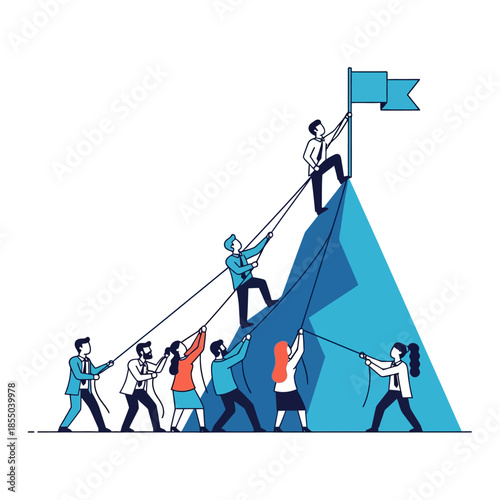 Collaborative business success is achieved by minimalist characters using ropes and levers to jointly raise a red flag atop a steep geometric peak in this pure flat vector illustration.