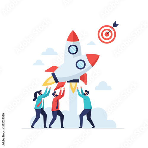 A pure flat 2D vector illustration showing three minimalist geometric business professionals launching a large rocket towards a target icon, representing synchronized effort and project success.