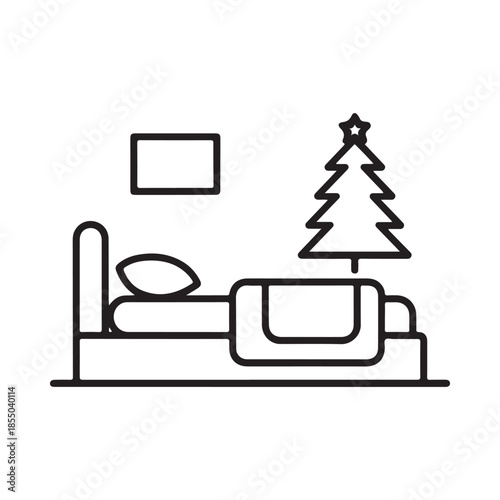 Simple bedroom interior illustration with a bed nightstand and christmas tree