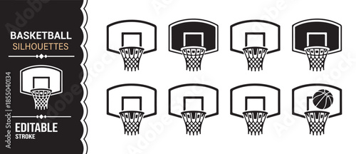 Black solid basketball equipment icons for sports and fitness design