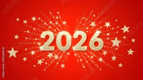 Celebrate the arrival of the sparkling new year 2026 with golden stars and festive glitter on a vibrant red background