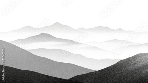 Monochromatic mountain landscape with misty hills and rugged peaks in shades of gray and black, serene natural scenery