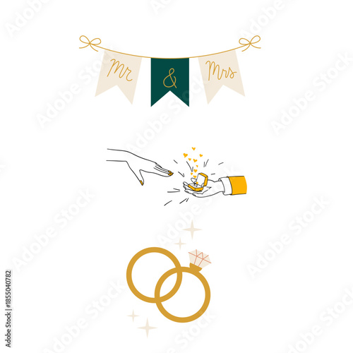 Elegant wedding vector set featuring a "Mr & Mrs" bunting banner, a hand placing an engagement ring, and interlocking wedding bands. Professional EPS elements for marriage invitations.
