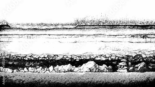 Layers of soil and rocks in a crosssection view of the ground