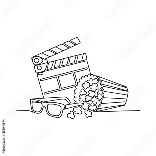 Line art illustration of a clapperboard popcorn and cinema glasses
