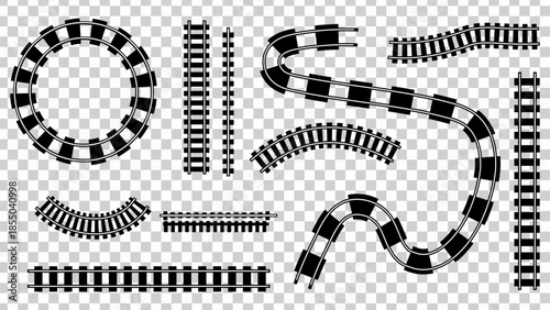Black and white train tracks in various shapes and sizes on a transparent background
