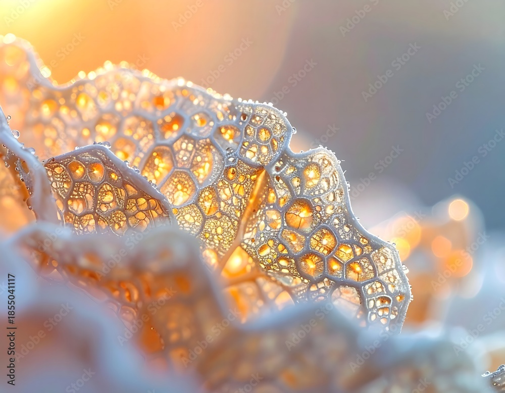 Fototapeta premium Golden Embrace: An ethereal macro shot reveals the delicate dance of sunlight filtering through the intricate patterns of a frosted plant, evoking a sense of wonder and tranquility.